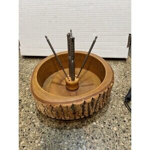 Vintage Wooden Tree Bark Nut Bowl W/Nutcracker and 3 Picks